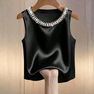 Chic Black Pearl-Adorned Women's Blouse